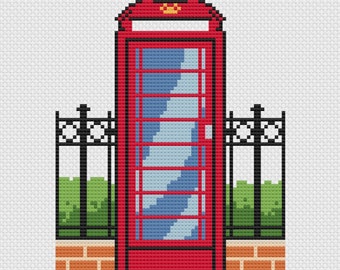 British Telephone Box Cross Stitch Pattern, Iconic London Red Phone Booth Embroidery Design, Classic Nostalgic English Street Sewing Craft
