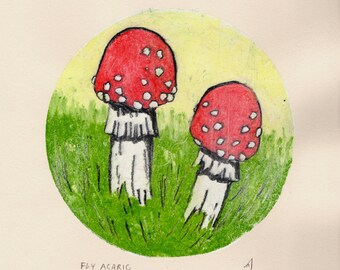 Fly Agaric Mushroom Monotype Print, Fairy tale Toadstool Nature Gelli Print, Autumn Nature Handmade Artwork, Pastel On Paper Picture