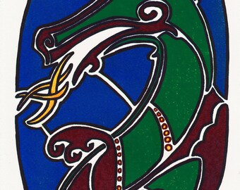 Viking Dragon pattern Linocut Print, A4 Wyvern design wall art