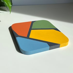Interesting Design Coasters, Hand Painted Wooden Coaster, Orange-Blue Geometric Mat, Minimalist Table Decor, Unique Housewarming Gift