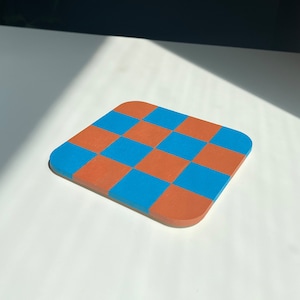 Checkerboard Coasters, Hand Painted Wooden Coaster, Orange-Blue Mat, Minimalist Table Decor, Unique Housewarming Gift