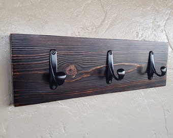 Burnt Wood Coat and Hat Rack/Scorched Wood Farmhouse Rustic Coat Rack With Wide Hooks/3 Hook Wall Coat Rack Hanger