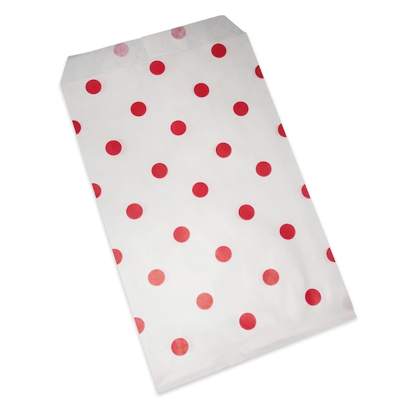 Sacs-cadeaux plats en papier blancs et pois rouges - parfaits pour les friandises, cadeaux, biscuits, bonbons, promotions, et plus encore.