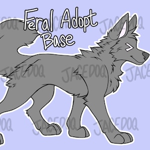 May include: A gray feral wolf base illustration with the text "Feral Adopt Base" in a handwritten font. The wolf is in a side profile, with a fluffy tail and pointed ears, set against a light purple background.