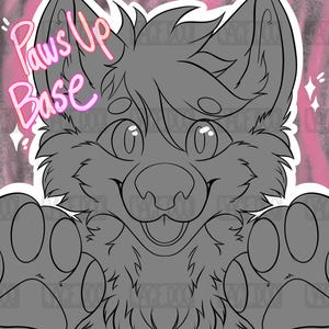 Puede incluir: Ilustración de arte digital de un lobo de dibujos animados con las patas levantadas. La imagen presenta el texto "Paws Up Base" en letras de neón rosa. El lobo tiene ojos grandes y una expresión amigable.
