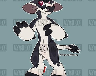 May include: A cartoon illustration of a black and white anthropomorphic animal with red eyes and large paws. The design includes the text "Design by jacedoq" and the "Sage Dog" logo.