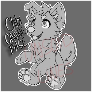 May include: A black and white line art illustration of a chibi canine in a sitting pose. The canine is looking to the right and has a happy expression. The text "Chibi Canine Base" is written in the top left corner of the image.