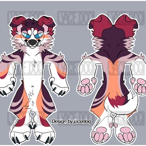 May include: A digital illustration of a cartoon canine character in a front and back view. The character features a white chest, orange and purple striped limbs, and a white tail. The ears and head are a deep burgundy color. The character's eyes are blue.