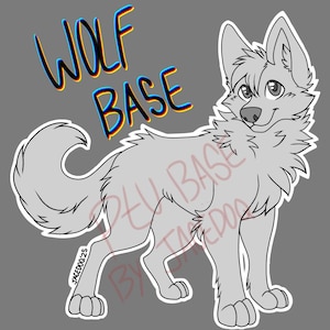 Puede incluir: Un dibujo de línea de una base de lobo, una plantilla de arte digital para crear personajes de lobo. El lobo está de pie con la cabeza girada hacia un lado, mirando al espectador. La base está en blanco y negro.