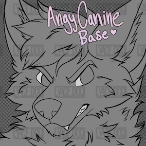 May include: A digital line art illustration of a canine head with a scowling expression, featuring sharp teeth and pointed ears. The text Angy Canine Base with a small heart icon is displayed in light pink at the top of the gray-toned drawing.