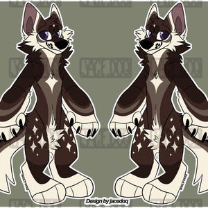 May include: A digital illustration of a wolf-like character shown from two angles, featuring dark brown and cream fur, large paws, and white star-shaped markings on the chest and thighs. The character has large dark eyes and a white-tipped tail.
