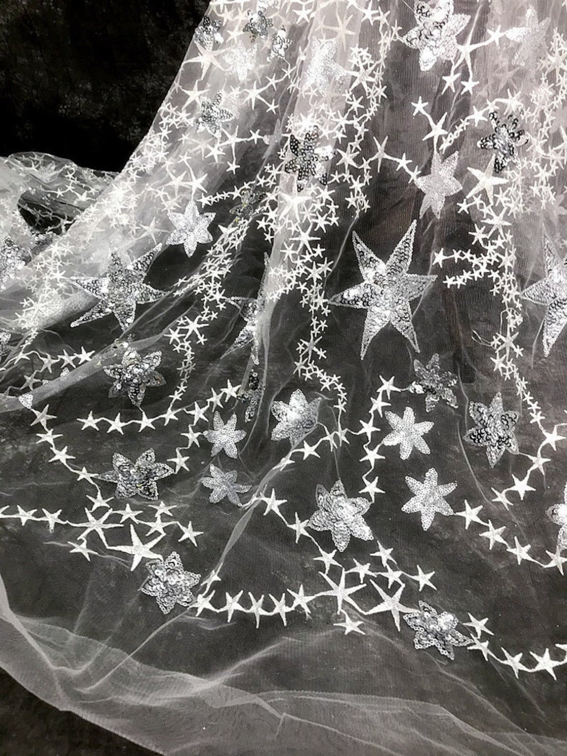 Silver Stars Tulle Fabric Star Lace Fabric Embroidered Lace Etsy