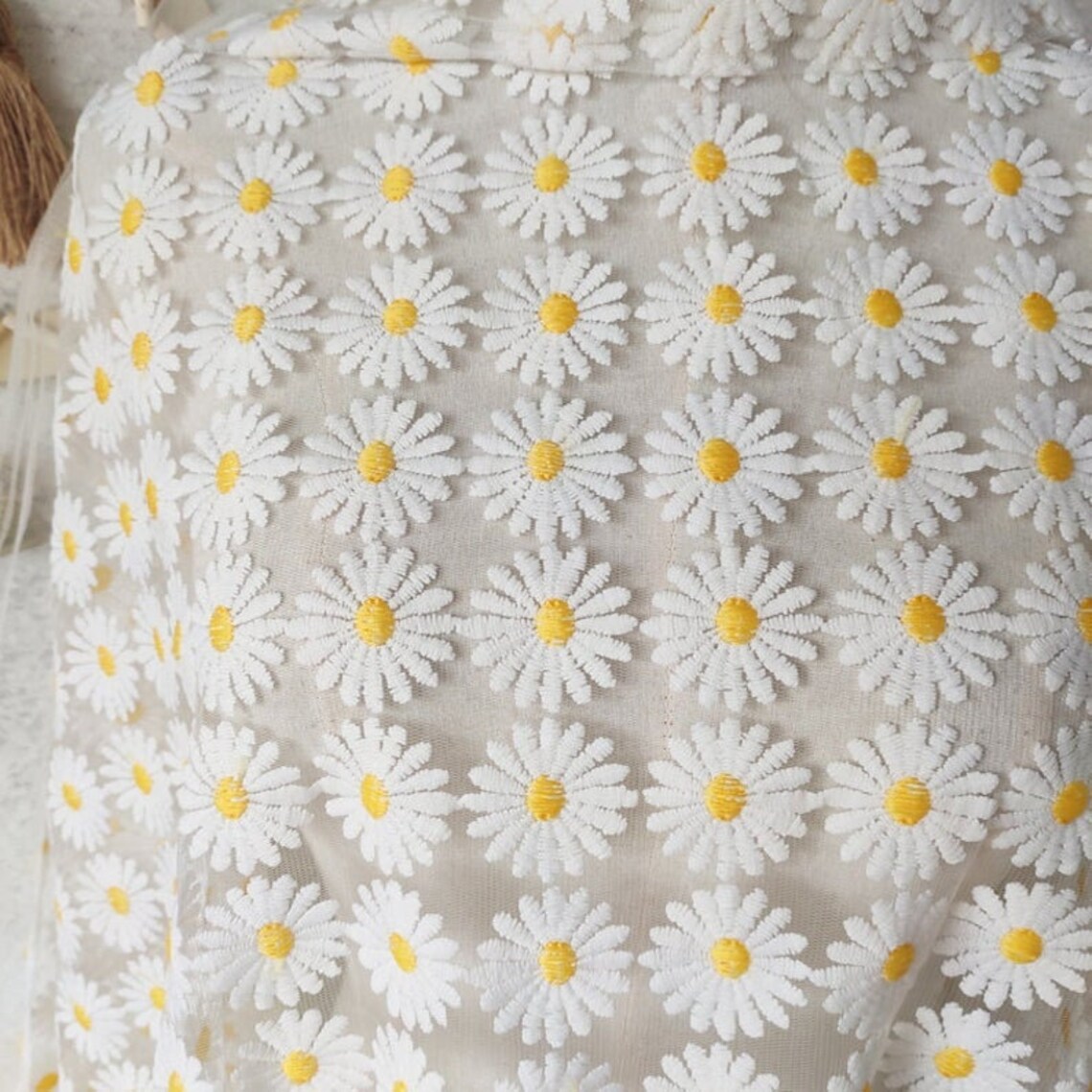 White Daisy Flower Embroidered Lace Fabric Daisy White Tulle Etsy
