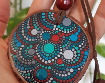 Necklace Chakra colours Unique Mandala designs Handpainted wood slice pendant Three wood slice layers Quirky Wooden Birthday gift.