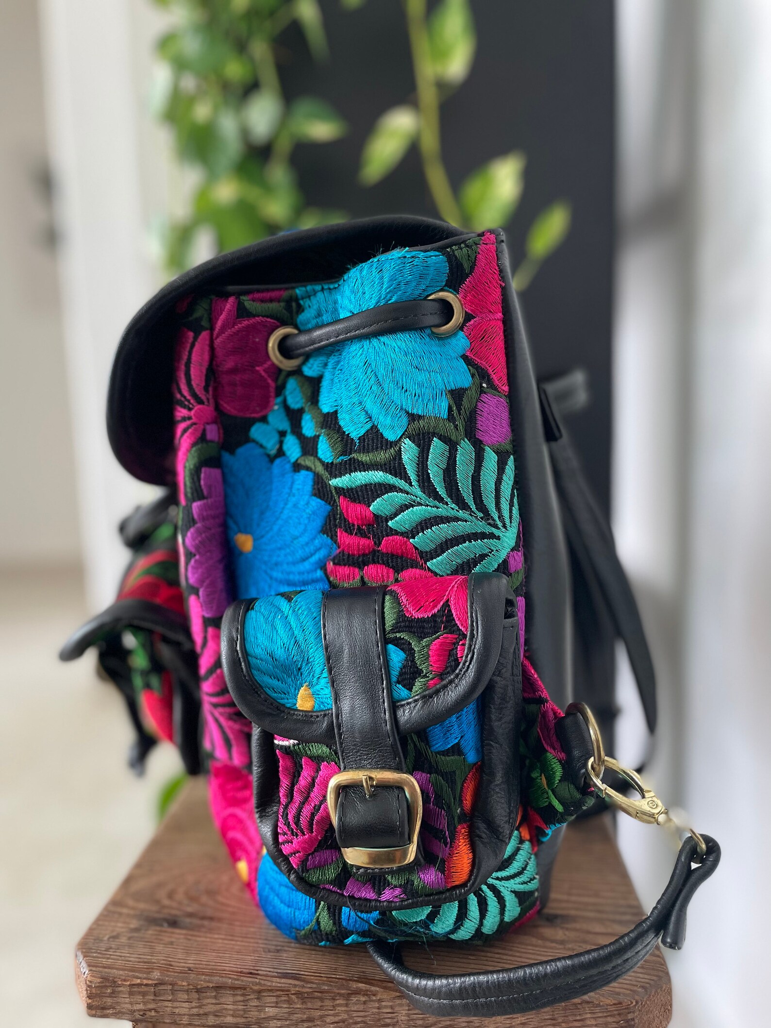 Floral embroidered leather backpack Etsy
