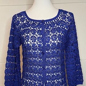Crocheted cardigan in blue with glitter effect, very soft and pleasant, handmade, wintery, Christmassy