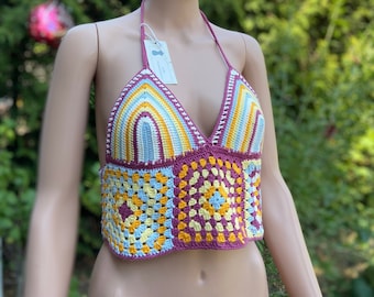 Haut d'été au crochet court, haut de plage, haut en dentelle à motif de boîtes colorées