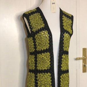 Crocheted long vest with colorful square pattern, glitter effect, very soft and pleasant, handmade, wintery, Christmassy