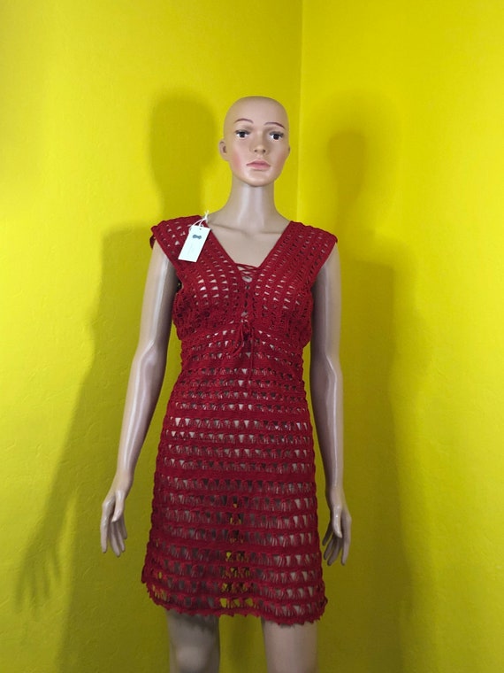 Crocheted Tunica Beach Dress in Red, Very Soft and Pleasant, Handmade, Festive