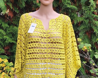 Tunique crochetée à motif jaune, manches longues, chemise tunique, douce et agréable, faite main