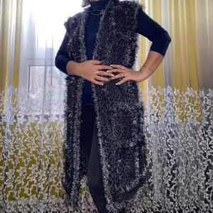 Crochet long waistcoat in black-anthracite