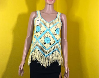 Crocheted summer top in blue/yellow, very soft, festive and everyday fitting, handmade, summery, top