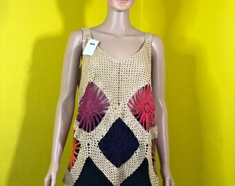 Crocheted summer top in beige with colorful floral pattern, very soft, festive and everyday suitable, handmade, summery, top