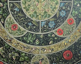 Litografía original de Gerlach, Viena, que representa flores silvestres y pájaros, estilo Art Nouveau, grabado antiguo de Martin Gerlach, "La planta en el arte y la industria" (1886-1890).