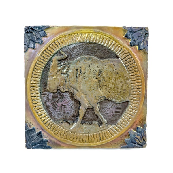 Early Karlsruhe majolika wall tile design Hans Thoma Taurus bull horoscope around 1903 Germany Art Nouveau ceramics