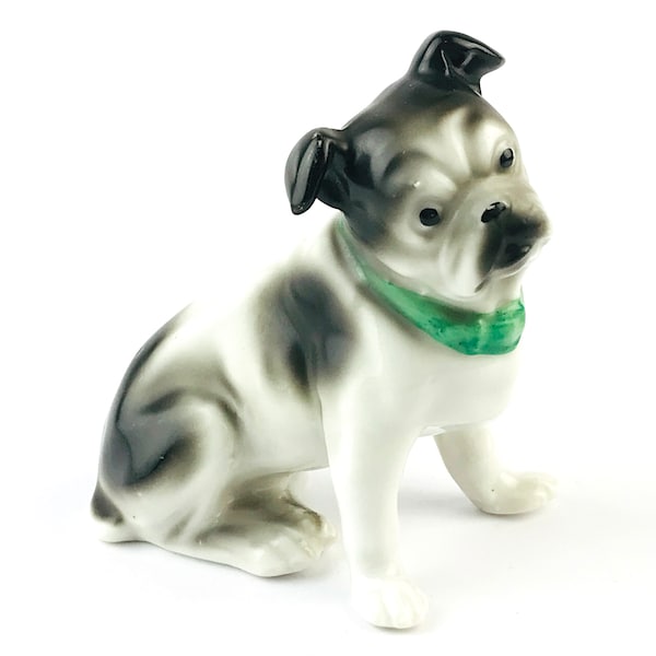 Old Porcelain English Bulldog Dog Lover Gift Vintage circa 1920s-1930s Dog with Green Collar