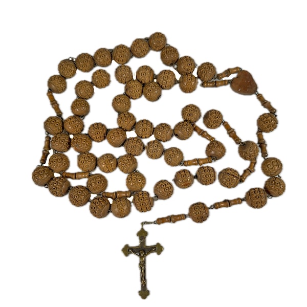 Antique XXL French rosary made of wood turned with metal crucifix