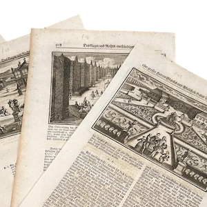 May include: Several antique book pages with detailed black and white illustrations and text. The pages have a yellowed tone, featuring architectural and landscape scenes. The text includes the numbers "908" and "f.46".