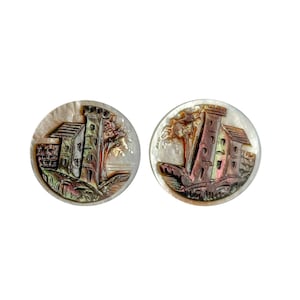 Antique mother-of-pearl cufflinks shell carved with castle probably Italy 19. Century early 20. Century Very good condition MOP