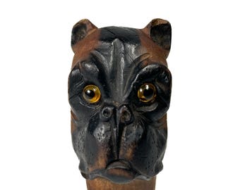 Antique walking stick handle dog head carved in wood Pug or Bulldog knob handle probably Austria Vienna around 1880 - 1900