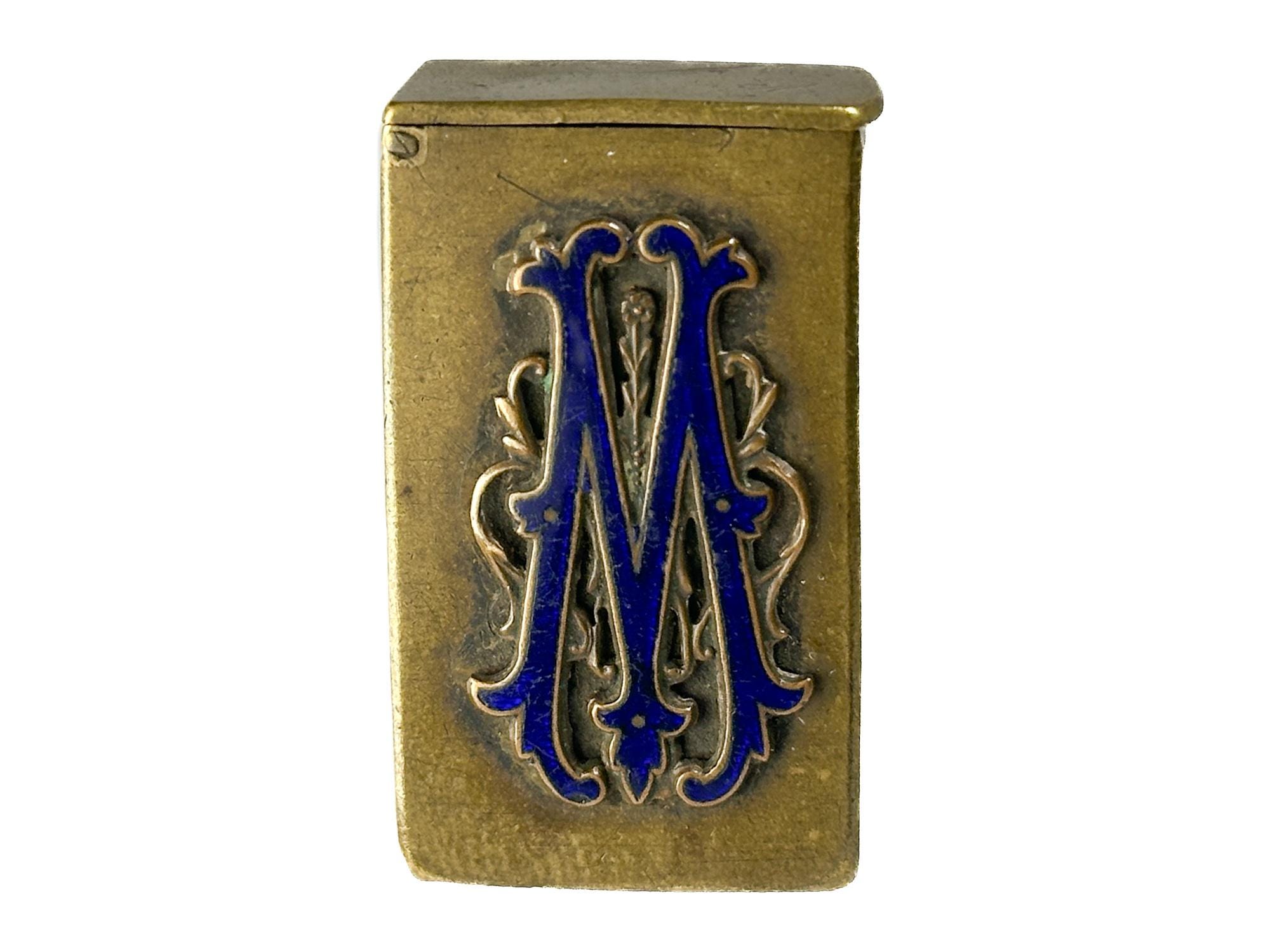 1890年頃のアンティーク真鍮製マッチホルダー、文字M入り、マッチ 