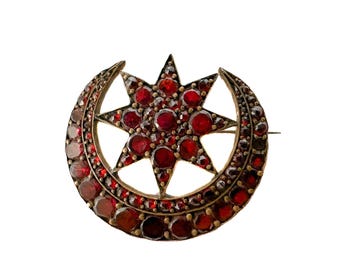 Broche antiguo de granate, estrella y luna creciente, circa 1880-1900, Monarquía austrohúngara, joyería antigua, muy buen estado
