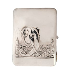 Scatola di sigarette antica russa in argento con marchio di garanzia, scatola di sigarette Mosca, 1908-1926, rara con elefante in stile Art Nouveau