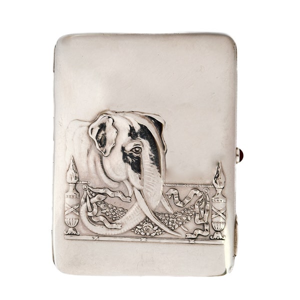 Antique Russian silver cigarette box hallmarked Moscow box cigarette case 1908-1926 Rare with elephant Art Nouveau