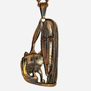 Vintage cat and woman mid-century designer necklace with pendant handmade copper around 1960s 1970s very decorative statement jewelry