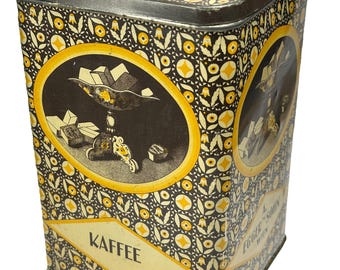 1920年頃のウィーンのコーヒー缶「A. Egger’s Cohn Wien」 – 装飾的なアンティーク缶、オーストリアのコレクターズアイテム