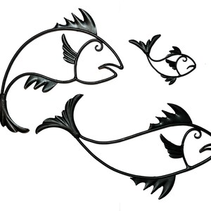 Mid-century handmade metal wall decoration seahorse and two fish painted black ca. 1970s - 1980s 13 to 26 cm high