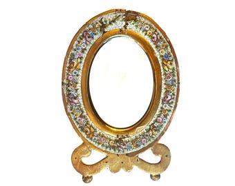 Large antique micro mosaic mirror around 1880–1910 Gilded wooden frame Restoration project Wall or table top mirror from Italy 22 x 31 cm