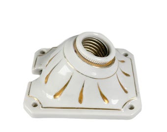Portalampada vintage in porcellana, da parete/soffitto, base bianca e oro – attacco E27, circa 1910–1930