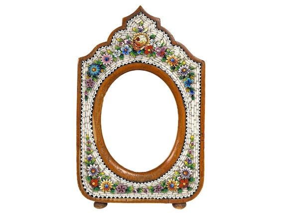 Antike Mikromosaik Fotorahmen Bilderrahmen Blumendekoration aus Italien Millefiori Glas 19. Jahrhundert Holzrahmen