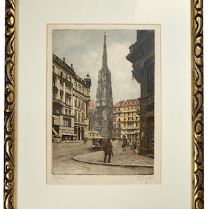 Original Ludwig Bürgel färgetsning av Wien, Stefansdomen, vintage stadsvy över Österrike, inramad, 1900-tal