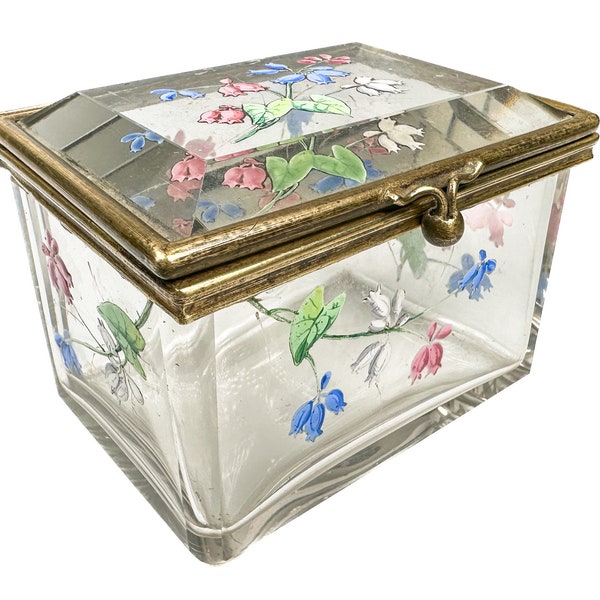 Antique jewelry casket box made of glass with enamel painting faceted crystal glass around 1890s-1900s glass box for jewelry