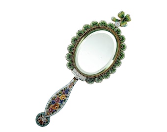 Antique micromosaic hand or wall mirror with floral decoration Italy 19. Century  Very nice piece good condition millefiori flowers clover