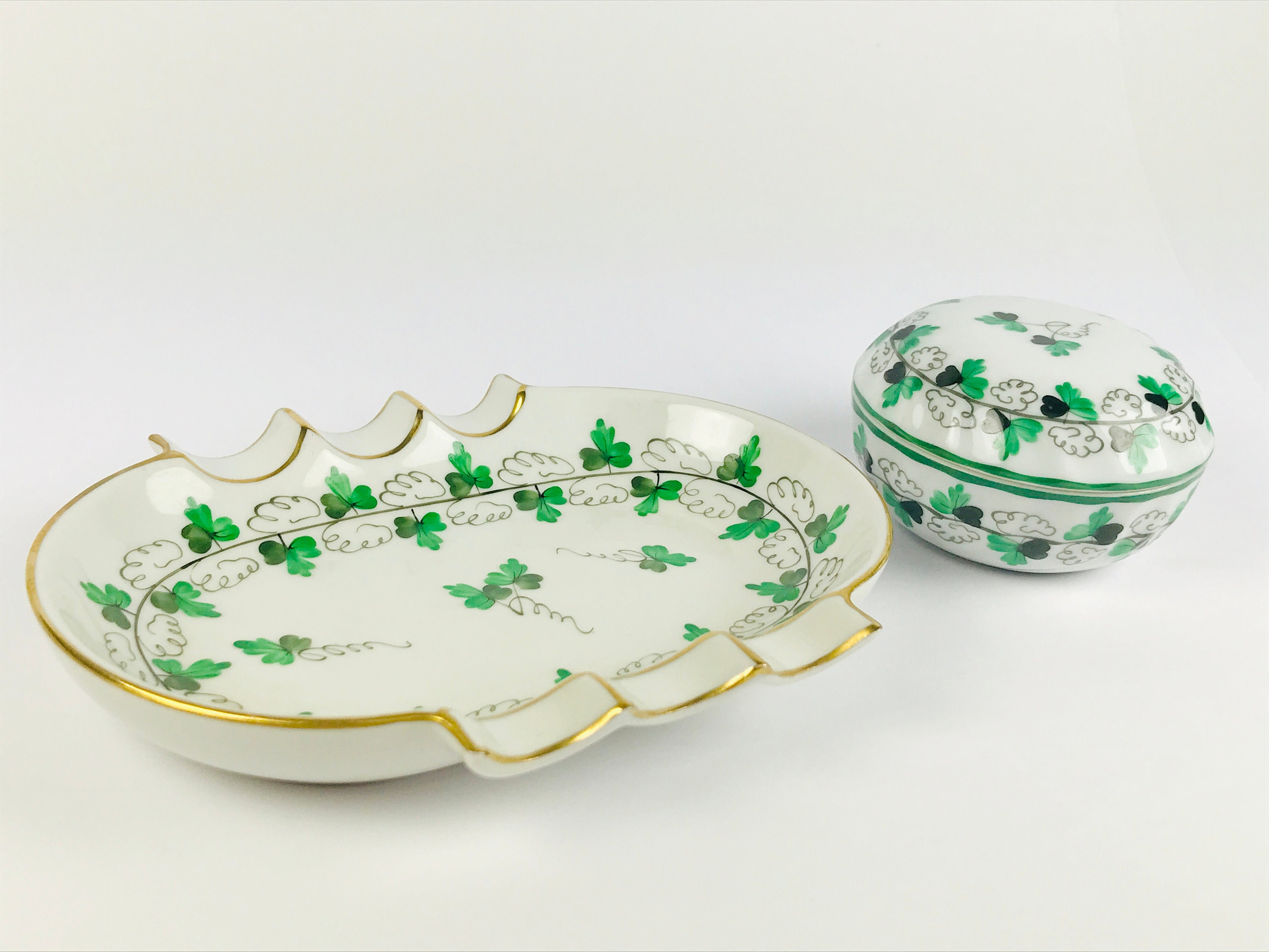 Herend Parsley Pattern candy jar and Ashtray Set Hungary Porcelain Herend Handpainted Cloverleaf  1940s 1950s 1960s