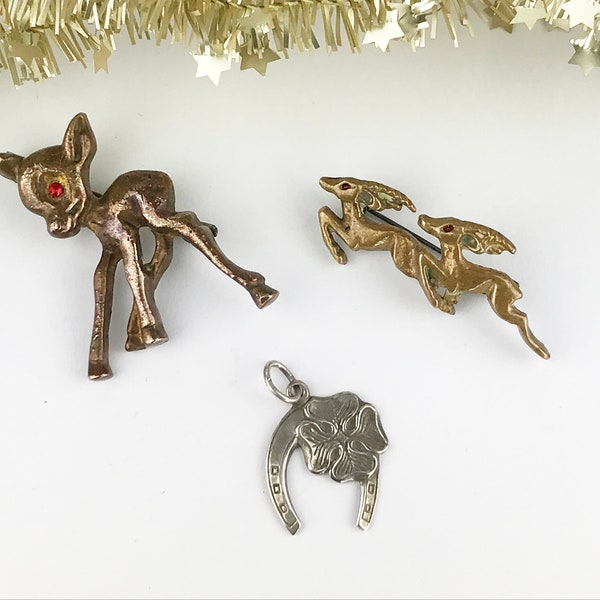 vintage Circa années 1930 - Broche des années 1940 et Pendentif Trèfle Antilope Fauve