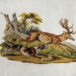 Victorian embroidery picture hunting dog and deer around 1870-1890 Germany or Austria